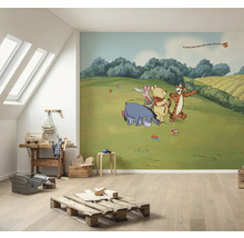 Pièce avec papier peint photo représentant Winnie l''ourson et ses amis sur une prairie verte