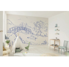 Pièce lumineuse avec tente, décoration de chambre d''enfant et fresque murale avec pont et lac