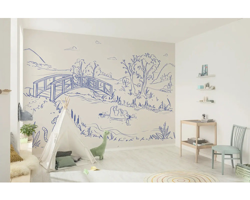 Pièce lumineuse avec tente, décoration de chambre d''enfant et fresque murale avec pont et lac