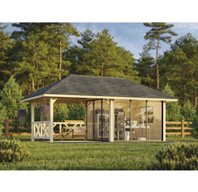 Gartenhaus mit Büroausstattung und Sitzbereich im Garten