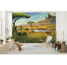 Papier peint représentant un paysage de savane africaine avec des animaux dans une chambre d''enfant