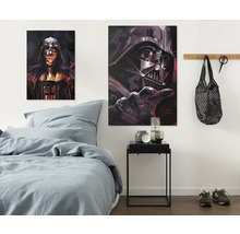 Schlafzimmer mit Bett und zwei Leinwandbildern mit Darth Vader Motiven