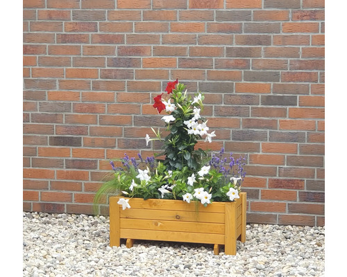 Holzblumenkasten mit roter und weisser Bepflanzung vor einer Ziegelwand