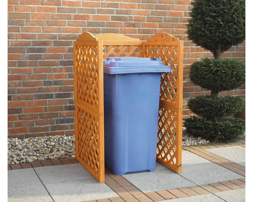 Cache-conteneur en bois avec poubelle bleue