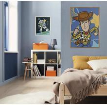 Kinderzimmer mit Bett, Regal und zwei gerahmten Toy Story Postern