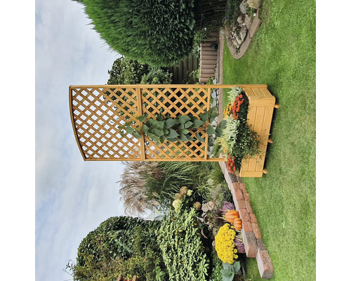 Holzpflanzkasten mit Rankgitter im Garten