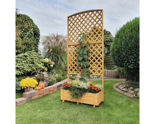 Holz-Pflanzkasten mit Rankgitter im Garten