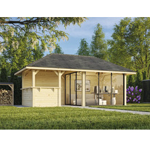 Abri de jardin en bois avec façade vitrée et mobilier de bureau dans le jardin
