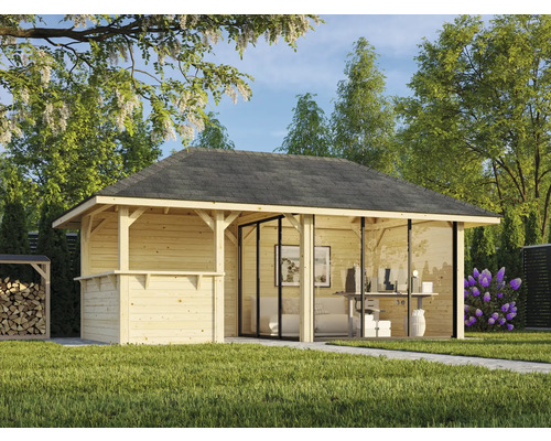 Abri de jardin en bois avec façade vitrée et mobilier de bureau dans le jardin