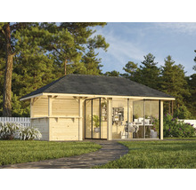 Holzgartenhaus mit Glasfront und dunklem Dach in grüner Gartenumgebung