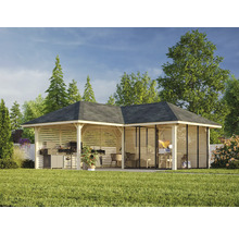 Pavillon de jardin en bois en forme de L avec barbecue et coin salon