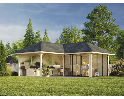 L-förmiger Pavillon aus Holz mit Grill, Tisch und Stühlen im Garten