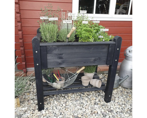Jardinière surélevée en bois avec diverses herbes et accessoires de jardinage