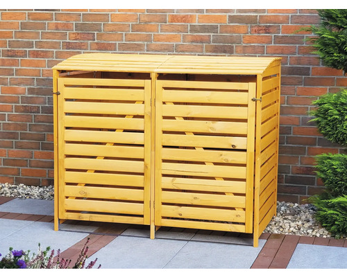 Doppel Mülltonnenbox aus Holz mit Lattenoptik vor einer Ziegelmauer