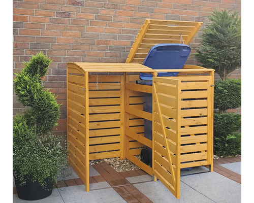 Offene Mülltonnenbox aus Holz mit zwei Fächern und blauer Mülltonne