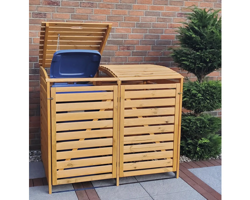 Doppelter Mülltonnenbox aus Holz mit geöffnetem Deckel