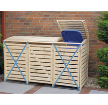 Cache-conteneurs en bois pour trois conteneurs à déchets en extérieur.