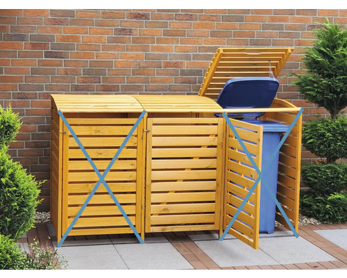 Trois abris poubelles en bois avec un abri ouvert montrant une poubelle
