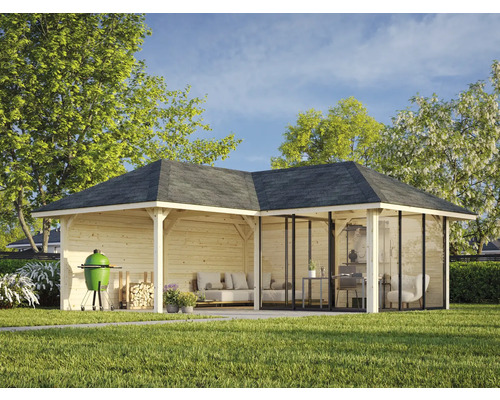 Pavillon de jardin en bois avec barbecue, bois de chauffage et mobilier de jardin dans le jardin