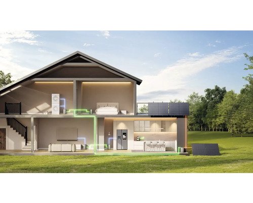 Vue en coupe d''une maison avec pompe à chaleur et installation de cellules solaires sur le toit et dans le jardin.