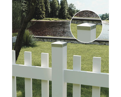 Clôture à lattes blanche avec vue sur la rivière et vue détaillée du couvercle de poteau de clôture