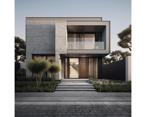 Modernes Haus mit Steinverkleidung, Holzlamellen und Treppe