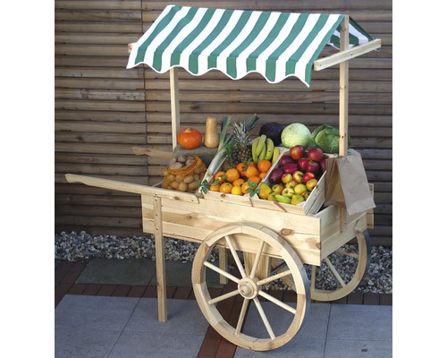 Holzkarren mit Obst und Gemüse unter gestreifter Markise
