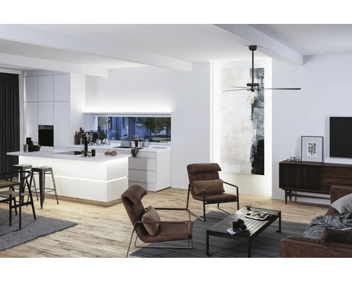 Espace de vie lumineux avec îlot de cuisine, ventilateur de plafond et fauteuils en cuir marron