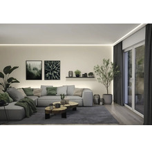 Helles Wohnzimmer mit Sofa, Couchtisch und Zimmerpflanzen