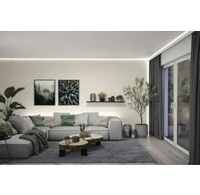 Helles Wohnzimmer mit Ecksofa, Couchtisch und Zimmerpflanzen