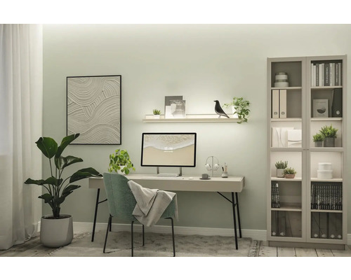 Helles Arbeitszimmer mit Schreibtisch, Stuhl, Regal und Zimmerpflanzen für eine freundliche Atmosphäre