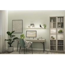Helles Arbeitszimmer mit Schreibtisch, Stuhl, Pflanze und Bücherregal für eine organisierte und komfortable Arbeitsatmosphäre