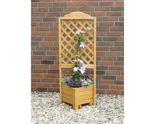 Holzpflanzkasten mit Rankgitter und blühenden Pflanzen vor einer Ziegelmauer