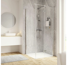 Salle de bain moderne avec cabine de douche, lavabo et miroir