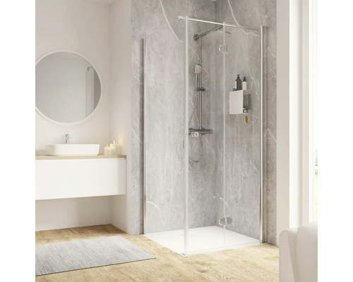 Porte de douche avec paroi latérale avec porte à vantaux pliants et pivotants SCHULTE Garant 2.0 75 x 75 cm profilé chrome verre transparent butée de paroi latérale gauche tirant droite Porte de douche avec paroi latérale avec porte à vantaux pliants et pivotants SCHULTE Garant 2.0 75 x 75 cm profilé chrome verre transparent butée de paroi latérale gauche tirant droite