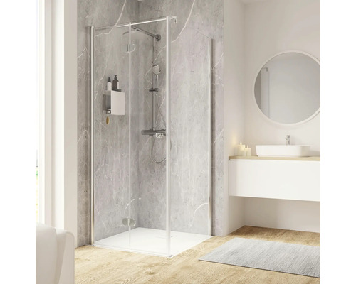 Porte de douche avec paroi latérale avec porte à vantaux pliants et pivotants SCHULTE Garant 2.0 90 x 90 cm profilé chrome verre transparent butée de paroi latérale droite tirant gauche Porte de douche avec paroi latérale avec porte à vantaux pliants et pivotants SCHULTE Garant 2.0 90 x 90 cm profilé chrome verre transparent butée de paroi latérale droite tirant gauche