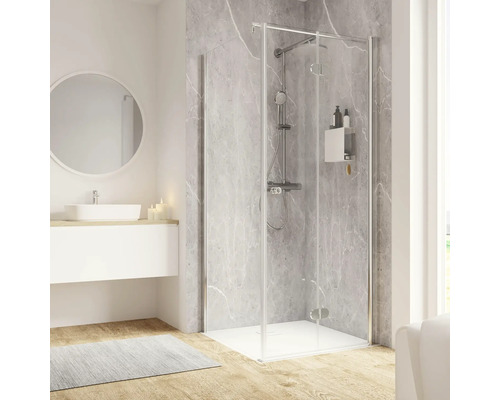 Porte de douche avec paroi latérale avec porte à vantaux pliants et pivotants SCHULTE Garant 2.0 100 x 100 cm profilé chrome verre transparent butée de paroi latérale gauche tirant droite Porte de douche avec paroi latérale avec porte à vantaux pliants et pivotants SCHULTE Garant 2.0 100 x 100 cm profilé chrome verre transparent butée de paroi latérale gauche tirant droite