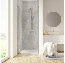 Salle de bain moderne avec cabine de douche, lavabo et miroir