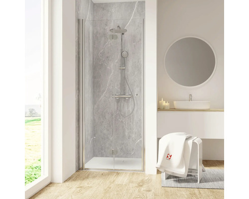 Niche avec porte à vantaux pliants et pivotants SCHULTE Garant 2.0 120 cm profilé chrome verre transparent tirant gauche Salle de bain moderne avec cabine de douche, lavabo et miroir