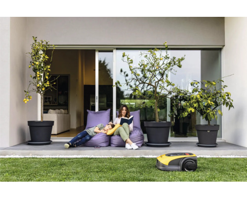 Szene mit einem Rasenmähroboter auf Rasen, während eine Frau und ein Kind auf einem Sitzsack unter Zitronenbäumen entspannen