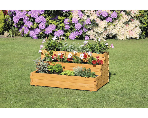 Escalier pour bacs à plantes «Volterra» en bois avec film pour plantes 99,5 x 59,5 x 48 cm marron Jardinière en bois à trois niveaux avec différentes plantes dans le jardin
