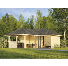 Pavillon de jardin en bois avec espace barbecue, coin repas et instruments de musique