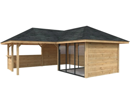 Pavillon de jardin en bois avec toit et portes coulissantes en verre