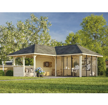 Holzpavillon mit Dach, Sitzbereich und Fensterfront im Garten