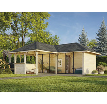 Maison de jardin en bois avec terrasse et toit plat dans le jardin