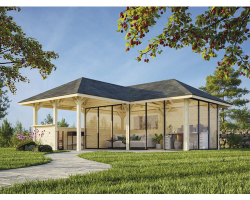 Gartenhaus mit Glasfront, Holzrahmen und grauen Dachziegeln im Aussenbereich