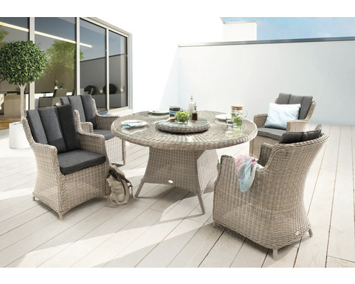 Ensemble de meubles de jardin Destiny Luna 4 places 6 pces naturel chiné, 4 fauteuils + table y compris plateau pivotant, rotin synthétique + aluminium, y compris galettes d'assise Terrasse avec table de jardin ronde en rotin et quatre fauteuils assortis avec coussins