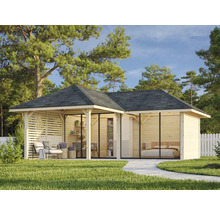 Maison de jardin en bois avec terrasse, fenêtres et toit foncé sur pelouse