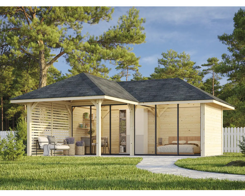 Pavillon de jardin avec terrasse, fenêtres et meubles dans le jardin