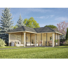 Pavillon en bois avec mobilier et espace maquillage dans le jardin